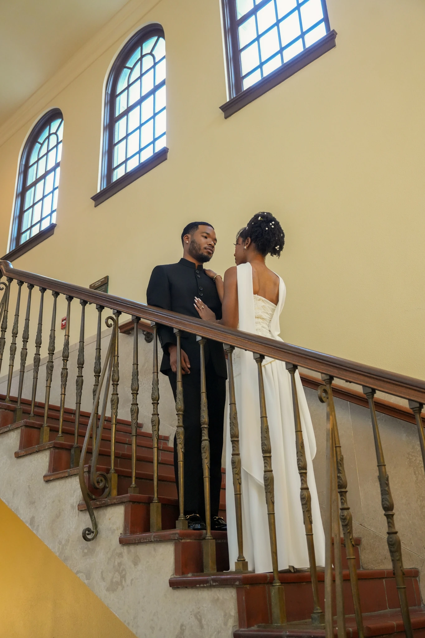 Houston engagement portrait on a grand interior staircase