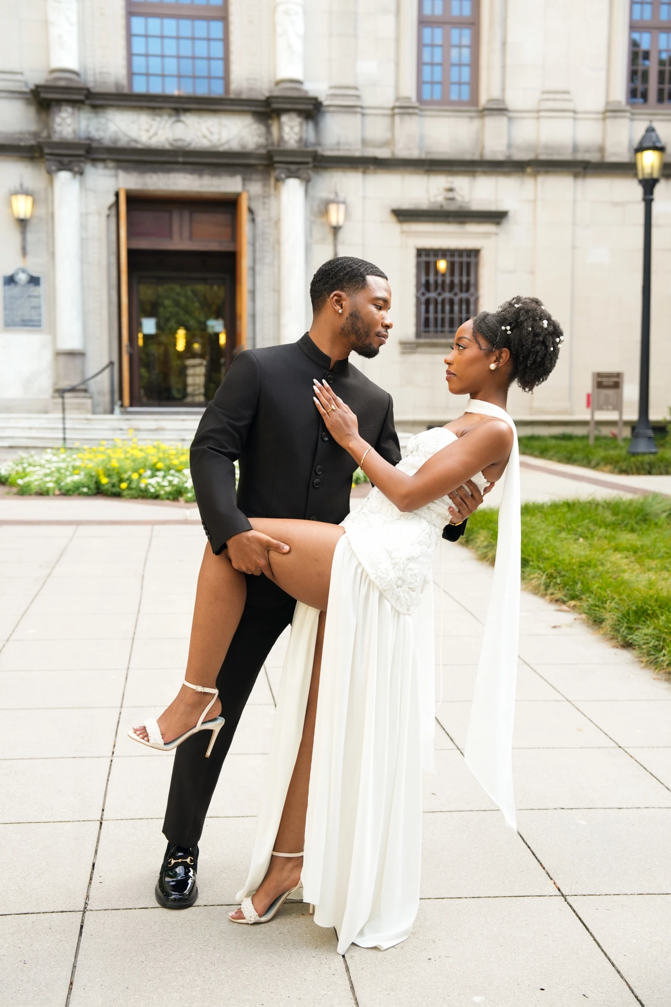 Engaged couple sharing a playful portrait outdoors in Houston
