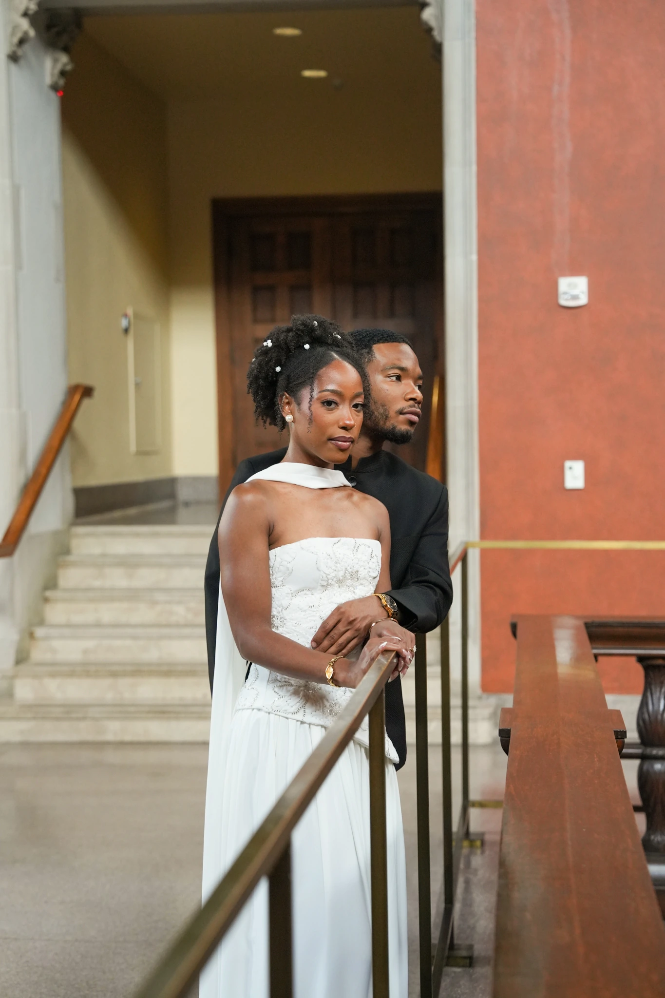 Intimate engagement portrait inside a Houston venue